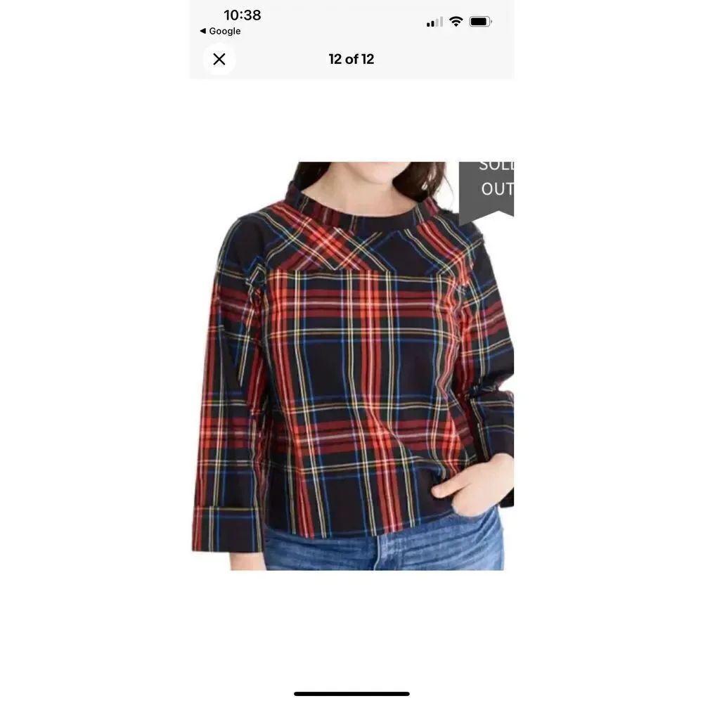 J Crew Jewel Button Funnel Neck Plaid Shirt Sz 8